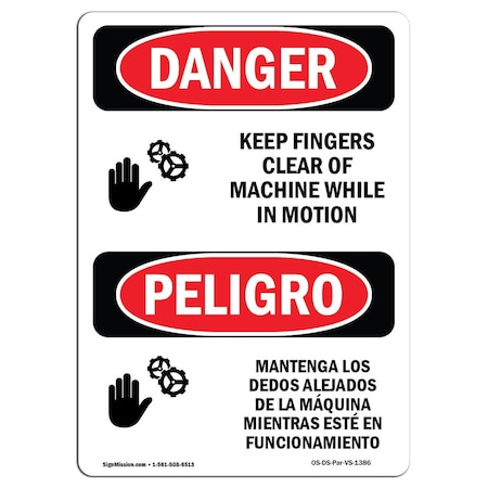Signmission OSHA Sign, Keep Fingers Clear Of Machine Bilingual, 14in X 10in Alum, 10" W, 14" L, Spanish OS-DS-A-1014-VS-1386